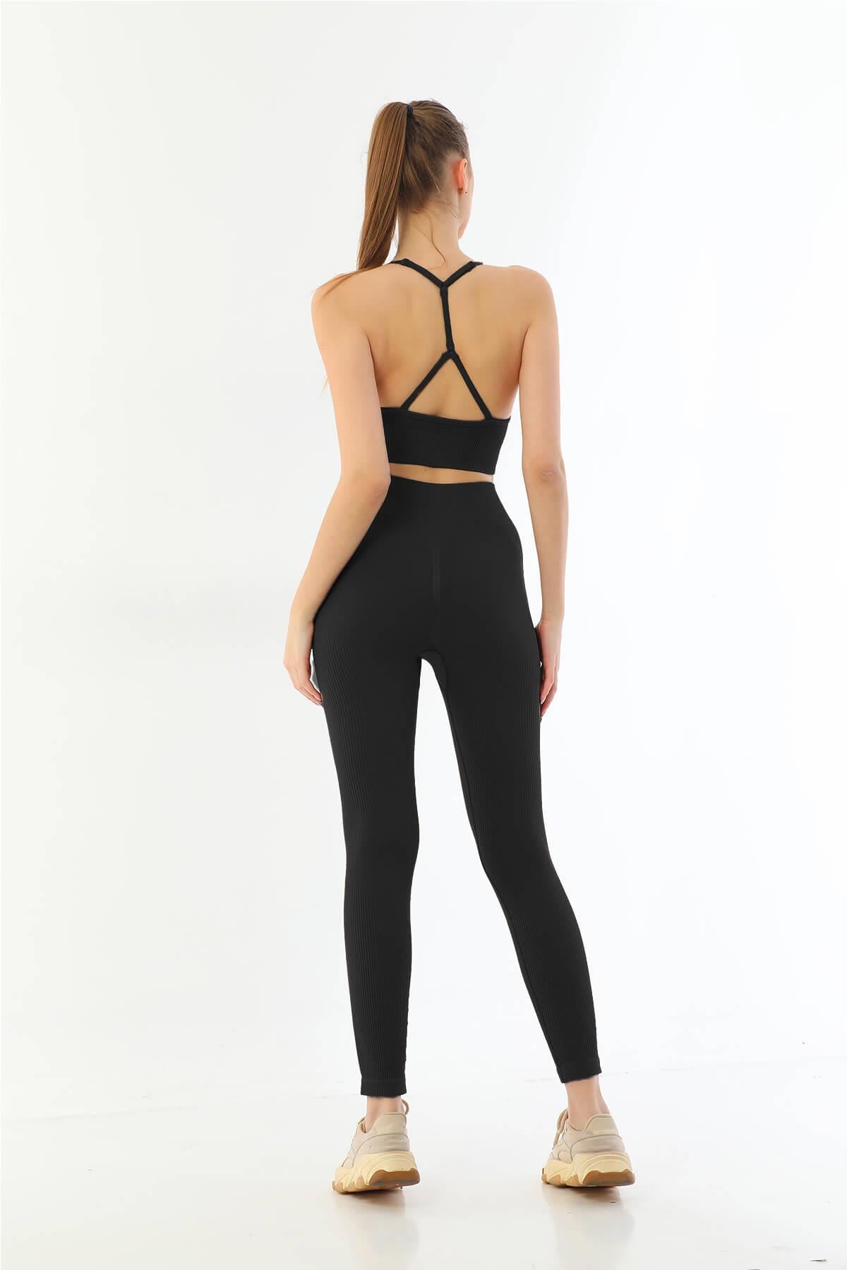 SİYAH DesBerries 3921 Soft Seamless Ripli Tayt Yoga Takımı