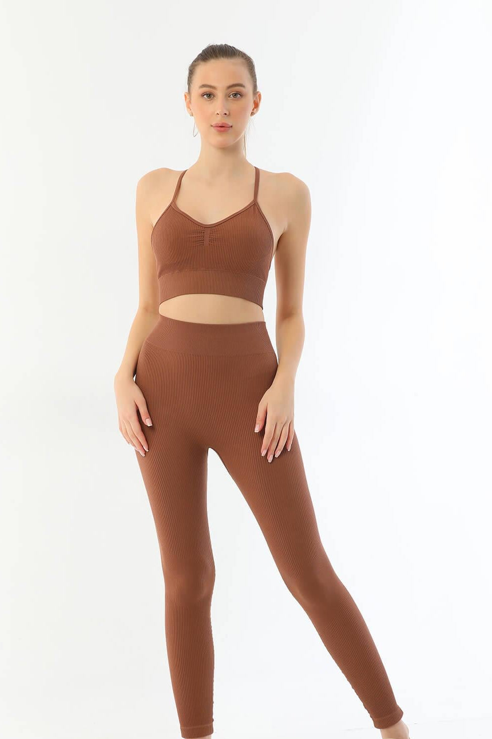 KAHVE DesBerries 3921 Soft Seamless Ripli Tayt Yoga Takımı