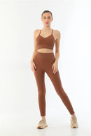 KAHVE DesBerries 3921 Soft Seamless Ripli Tayt Yoga Takımı