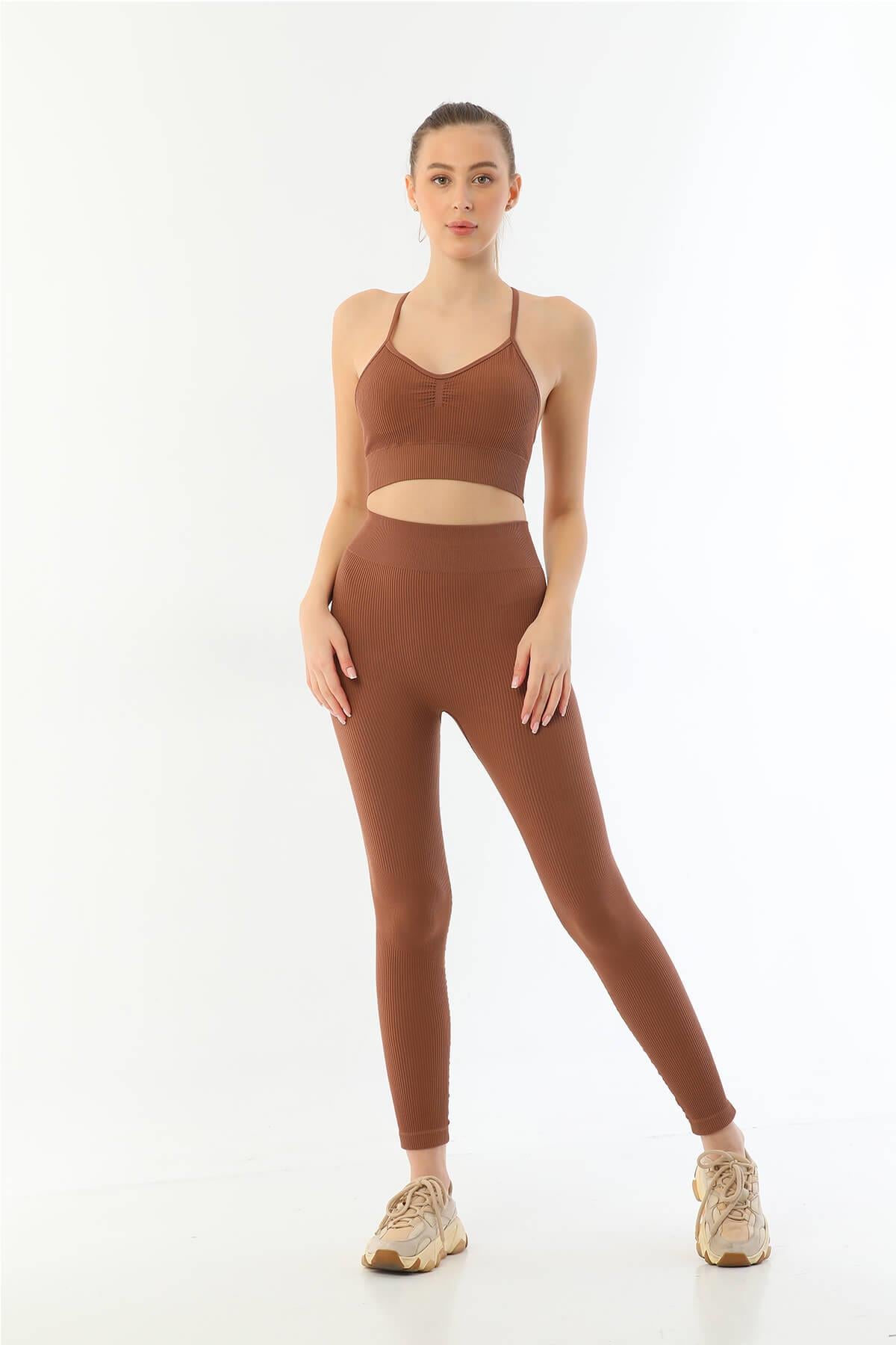 KAHVE DesBerries 3921 Soft Seamless Ripli Tayt Yoga Takımı