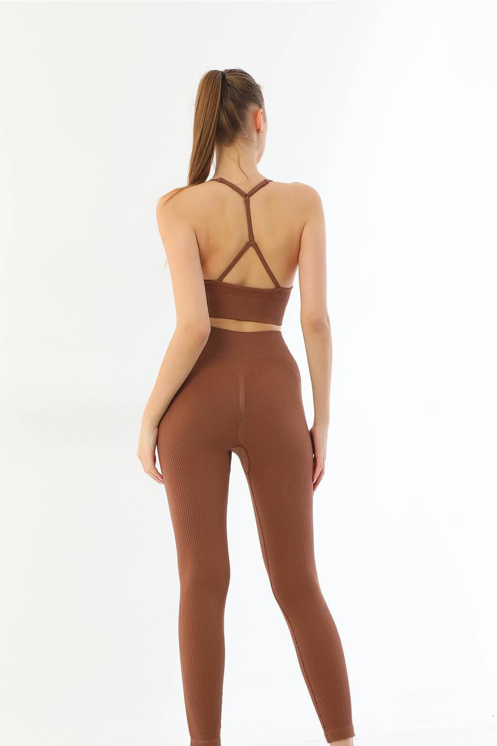 KAHVE DesBerries 3921 Soft Seamless Ripli Tayt Yoga Takımı