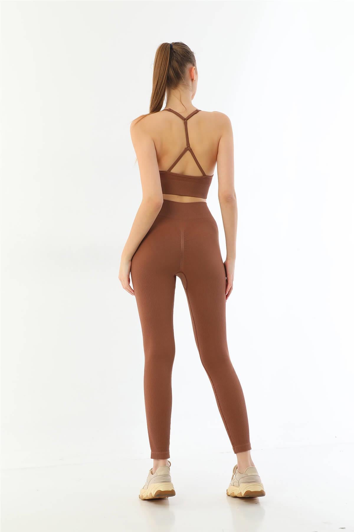 KAHVE DesBerries 3921 Soft Seamless Ripli Tayt Yoga Takımı